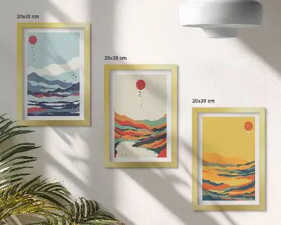 Photo frame wall with colorful abstract mountain and river landscape prints