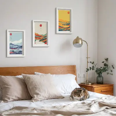 Photo frame wall with colorful abstract mountain and river landscape prints