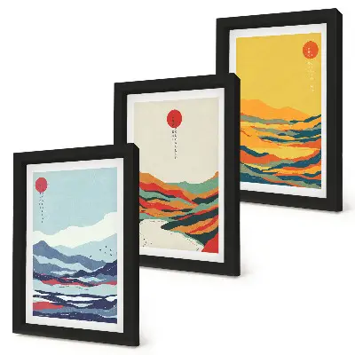 Photo frame wall with colorful abstract mountain and river landscape prints
