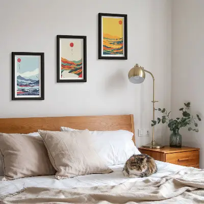 Photo frame wall with colorful abstract mountain and river landscape prints