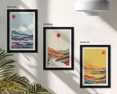 Photo frame wall with colorful abstract mountain and river landscape prints