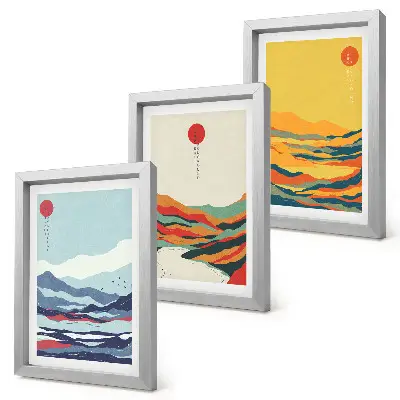 Photo frame wall with colorful abstract mountain and river landscape prints