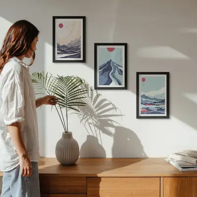Abstract mountain landscapes Japanese style framed triptych