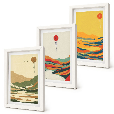 3-piece wall art set Colorful patterns of mountains and rivers in Japandi style