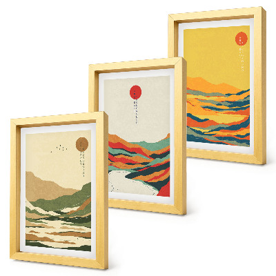 3-piece wall art set Colorful patterns of mountains and rivers in Japandi style
