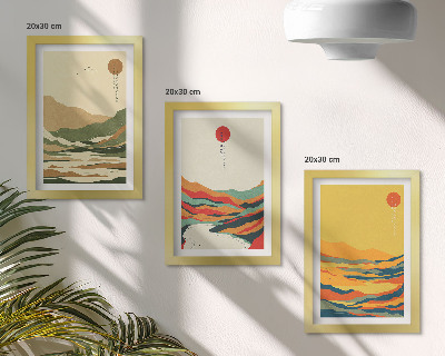 3-piece wall art set Colorful patterns of mountains and rivers in Japandi style