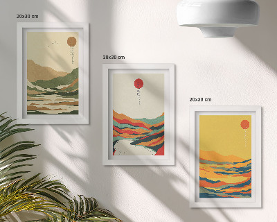 3-piece wall art set Colorful patterns of mountains and rivers in Japandi style