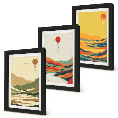 3-piece wall art set Colorful patterns of mountains and rivers in Japandi style