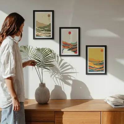 3-piece Japandi mountain and river wall art set colorful patterns
