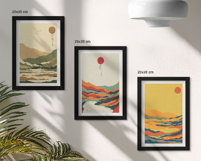 3-piece wall art set Colorful patterns of mountains and rivers in Japandi style