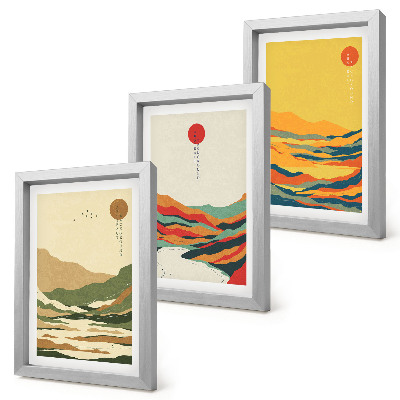 3-piece wall art set Colorful patterns of mountains and rivers in Japandi style