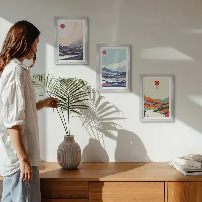 Photo frame wall with Japanese abstract mountain landscapes