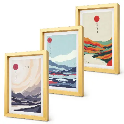Photo frame wall with Japanese abstract mountain landscapes