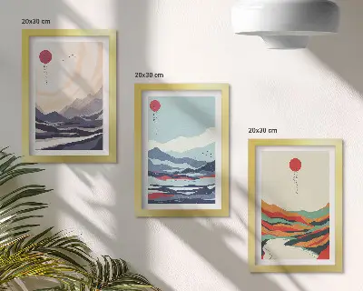 Photo frame wall with Japanese abstract mountain landscapes