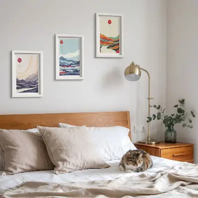 Photo frame wall with Japanese abstract mountain landscapes