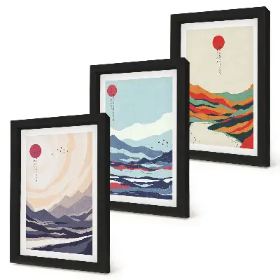 Photo frame wall with Japanese abstract mountain landscapes