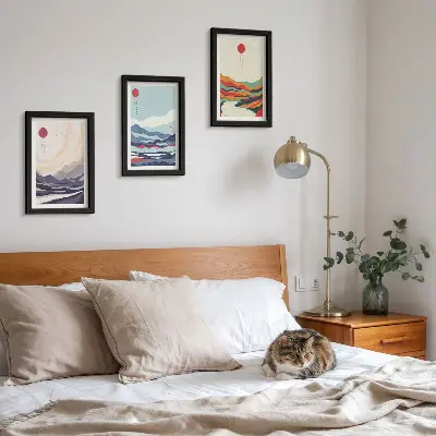 Photo frame wall with Japanese abstract mountain landscapes