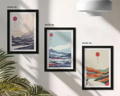 Photo frame wall with Japanese abstract mountain landscapes