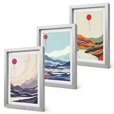 Photo frame wall with Japanese abstract mountain landscapes