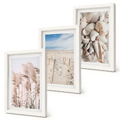 Sandy beach with shells and sea grass framed triptych