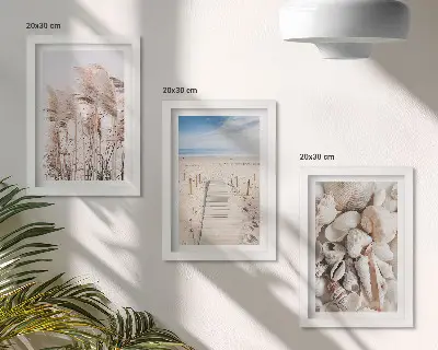 Sandy beach with shells and sea grass framed triptych