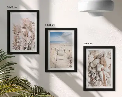 Sandy beach with shells and sea grass framed triptych
