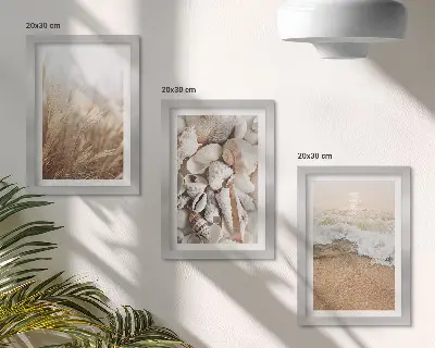 Photo frame wall with beach, shell, and sea wave motifs