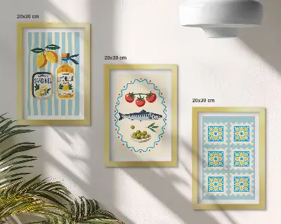 Mediterranean kitchen wall art set three piece printed illustrations