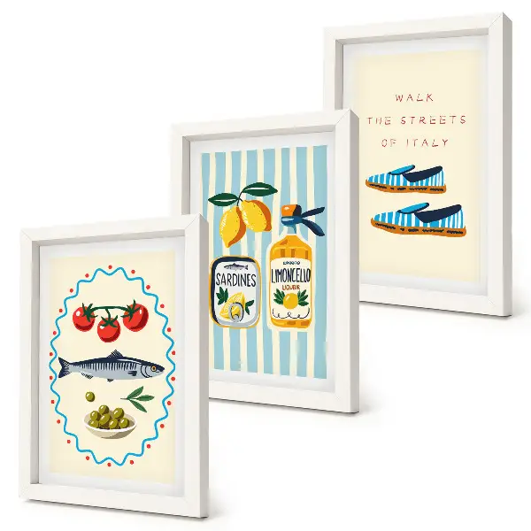 Photo frame wall featuring colorful images of Italian flavors and lifestyle