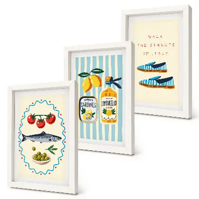Photo frame wall featuring colorful images of Italian flavors and lifestyle