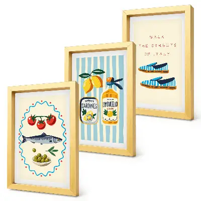 Photo frame wall featuring colorful images of Italian flavors and lifestyle