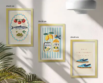 Photo frame wall featuring colorful images of Italian flavors and lifestyle