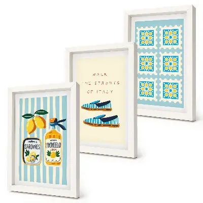 Framed triptych featuring fruit patterns and elements of Italian culture