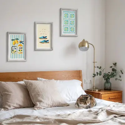 Framed triptych featuring fruit patterns and elements of Italian culture
