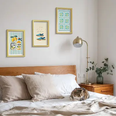 Framed triptych featuring fruit patterns and elements of Italian culture