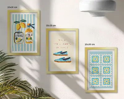 Framed triptych featuring fruit patterns and elements of Italian culture