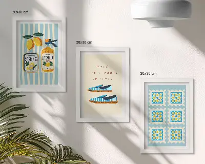 Framed triptych featuring fruit patterns and elements of Italian culture