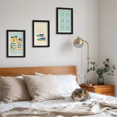 Framed triptych featuring fruit patterns and elements of Italian culture