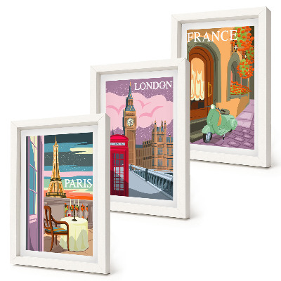 Framed triptych Retro cityscapes of Paris, London and France