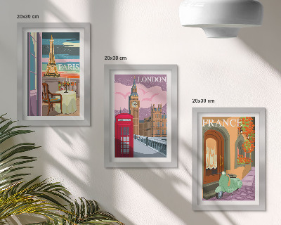 Framed triptych Retro cityscapes of Paris, London and France
