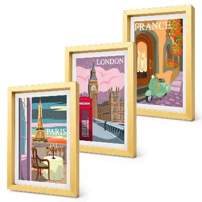 Retro cityscapes of Paris, London and France framed triptych