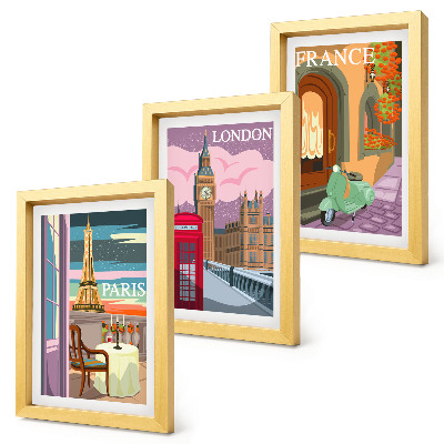 Framed triptych Retro cityscapes of Paris, London and France