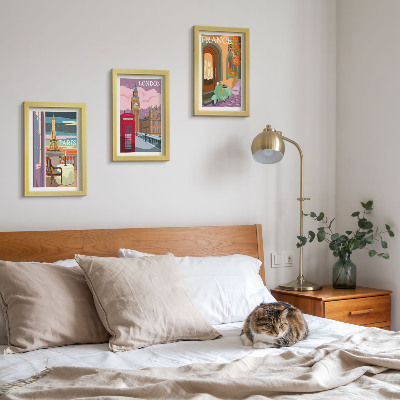 Framed triptych Retro cityscapes of Paris, London and France