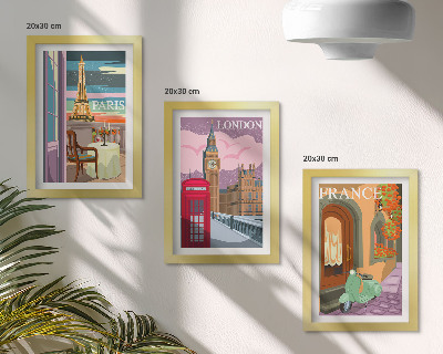 Framed triptych Retro cityscapes of Paris, London and France