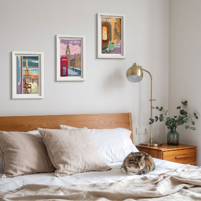 Framed triptych Retro cityscapes of Paris, London and France