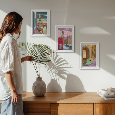 Framed triptych Retro cityscapes of Paris, London and France