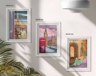 Framed triptych Retro cityscapes of Paris, London and France