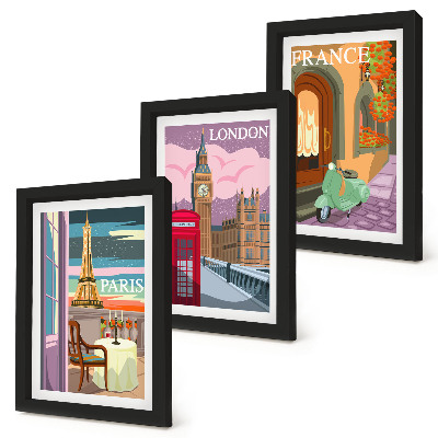 Framed triptych Retro cityscapes of Paris, London and France