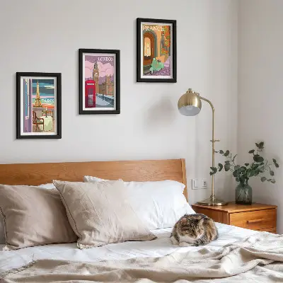 Retro cityscapes of Paris, London and France framed triptych