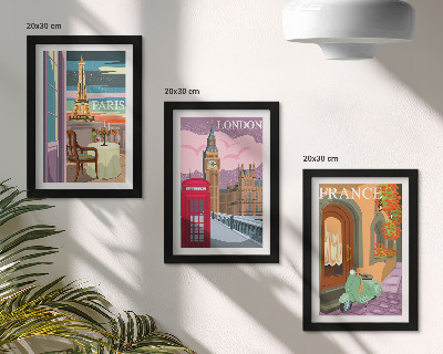 Framed triptych Retro cityscapes of Paris, London and France